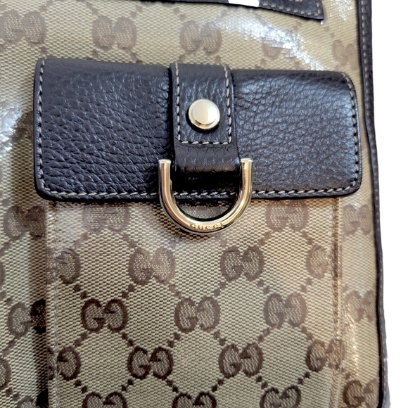 Gucci Abbey Brown & Beige Crystal Wax Canvas Monogram Pocket Tote - Picture 7 of 14